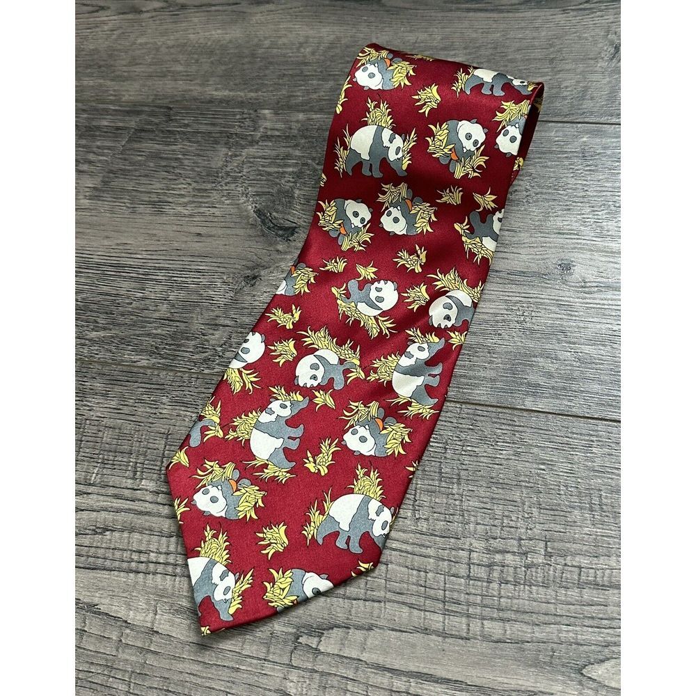 Kai Long  Panda Tie 100% Silk Hand‎ Made Burgundy Neck Tie